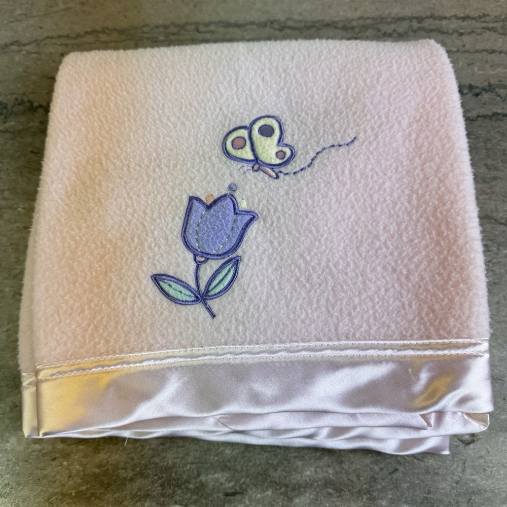 Vtg Wamsutta Baby Blanket Pink Satin Trim Flower Butterfly